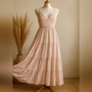 Altar'd State Embroidered Lace Tiered Flowy Maxi Dress In Blush Large NWT